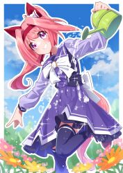 1girl absurdres animal_ears blue_sky blush border bow bowtie brown_shoes cloud commentary_request day dress ear_covers ear_ribbon flower flower_in_eye freely2327 frilled_dress frills hair_between_eyes hair_intakes haru_urara_(umamusume) highres holding holding_watering_can horse_ears horse_girl horse_tail loafers long_hair long_sleeves looking_at_viewer open_mouth outdoors outline outside_border pink_hair pleated_dress ponytail purple_dress purple_eyes purple_sailor_collar purple_thighhighs sailor_collar sailor_dress school_uniform shoes sidelocks sky smile solo standing standing_on_one_leg symbol_in_eye tail tail_bow tail_ornament teeth thighhighs tracen_school_uniform umamusume water watering_can white_border white_bow white_bowtie white_outline