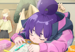 1boy 2girls absurdres ahoge animal_hood belt belt_buckle black_belt black_gloves black_pants blanket buckle cat_hood closed_eyes covering_with_blanket dark_gathering desk doodles eraser eraser_dust gentouga_keitarou glass gloves green_jacket hair_between_eyes head_on_table highres holding holding_blanket hood houzuki_eiko houzuki_yayoi huge_ahoge indoors jacket juice mechanical_pencil multiple_girls notebook orange_hair orange_juice pants pencil pencil_case pink_gloves purple_hair purple_jacket ruler short_eyebrows single_glove sleeping sleeping_upright smile sweater swept_bangs user_mggk2458 yellow_sweater