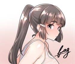 Rule 34 | 1girl, alternate hairstyle, artist name, black hair, breasts, closed mouth, commentary request, from side, furaggu (frag 0416), hair ornament, hairclip, highres, kantai collection, large breasts, long hair, myoukou (kancolle), ponytail, sleeveless, solo, tank top, watermark, white tank top