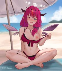 1girl asymmetrical_wings barefoot beach beach_mat beach_umbrella bikini bikini_top_pull black_bikini blue_eyes blurry blurry_background blush breast_slip breasts choppy_bangs commentary crystal_wings detached_wings double_halo feet fingernails full_body halo head_tilt heterochromia highres hololive hololive_english horns indian_style irys_(hololive) irys_(holonatsu_paradise)_(hololive) jewelry layered_bikini long_hair looking_at_viewer low-tied_long_hair medium_breasts mismatched_wings multicolored_hair nail_polish naughty_face navel necklace nipples o-ring_bikini_bottom official_alternate_costume open_mouth outdoors pointy_ears purple_eyes purple_hair red_bikini red_hair red_nails sitting solo star_halo stomach streaked_hair swimsuit thigh_marking toenail_polish toenails tuna_(111_tuna) twitter_username umbrella virtual_youtuber wings