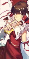 1girl ascot between_fingers boa_(brianoa) brown_eyes brown_hair chest_sarashi closed_mouth collared_shirt commentary cowboy_shot detached_sleeves dutch_angle english_commentary frilled_hair_tubes frills hair_tubes hakurei_reimu highres holding holding_needle long_sleeves looking_at_viewer medium_hair needle red_ribbon red_shirt red_skirt ribbon ribbon-trimmed_sleeves ribbon_trim sarashi shirt simple_background skirt sleeveless sleeveless_shirt smile solo touhou twitter_username white_background white_sleeves wide_sleeves yellow_ascot