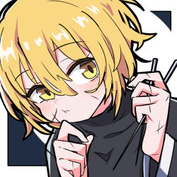 1girl an_apple_akaao black_shirt blade_lineage_(identity)_(project_moon) blonde_hair chewing chopsticks don_quixote_(project_moon) holding holding_chopsticks limbus_company looking_at_viewer project_moon scar scar_on_face shirt short_hair simple_background solo upper_body white_background yellow_eyes