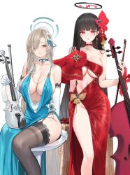 1girl alternate_costume asuna_(blue_archive) bare_shoulders black_hair black_thighhighs blonde_hair blue_archive blue_dress blue_eyes blush bow_(music) breasts bridal_gauntlets cello choker cleavage collarbone commentary_request cowl_neck dishwasher1910 dress elbow_gloves full_body garter_straps gloves grey_thighhighs grin hair_ornament hair_over_one_eye halo highres holding holding_instrument holding_violin instrument lace lace-trimmed_thighhighs lace_trim large_breasts left-handed long_hair looking_at_viewer music_stand navel parted_lips plunging_neckline red_background red_bridal_gauntlets red_choker red_dress red_eyes red_gloves rio_(blue_archive) sheet_music simple_background single_bridal_gauntlet single_glove sitting smile solo standing stool thighhighs thighs very_long_hair violin white_footwear white_gloves