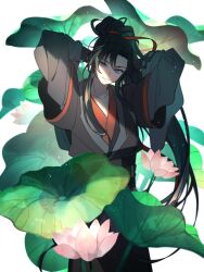 Rule 34 | 1boy, arms behind head, arms up, bishounen, black hair, black hanfu, chinese clothes, closed mouth, cowboy shot, feet out of frame, flower, gumiyasaisai, hair ribbon, hands up, hanfu, high ponytail, highres, layered sleeves, leaf, light particles, lily pad, long hair, long sleeves, looking at viewer, lotus, male focus, modao zushi, pink flower, ponytail, purple eyes, red ribbon, ribbon, sidelocks, simple background, smile, solo, standing, very long hair, wei wuxian, white background, wide sleeves