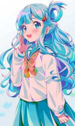 Rule 34 | 1girl, asari nanami, blue eyes, blue hair, blue sailor collar, blue skirt, blush, fish hair ornament, hair ornament, hair rings, highres, idolmaster, idolmaster cinderella girls, long hair, looking at viewer, michii yuuki, neckerchief, open mouth, sailor collar, school uniform, serafuku, shirt, skirt, smile, solo, teeth, upper teeth only, wavy hair, white shirt