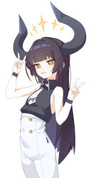 Rule 34 | 1girl, behalter, black hair, black horns, black shirt, bright pupils, clenched teeth, diein (djmax), djmax, djmax respect, double v, halo, highres, horns, long hair, looking at viewer, necktie, orange halo, pants, sharp teeth, shirt, simple background, sleeveless, sleeveless shirt, solo, standing, teeth, v, white background, white necktie, white pants, white pupils, yellow eyes