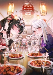 6+girls absurdres black_gloves black_hair commentary_request crossover cup fate/stay_night fate/unlimited_blade_works fate_(series) food fox_mask glass gloves guest_art hat highres honkai:_star_rail honkai_(series) illyasviel_von_einzbern indoors leysritt_(fate) long_hair mapo_tofu march_7th_(honkai:_star_rail) march_7th_(hunt)_(honkai:_star_rail) mask mask_on_head mole mole_under_eye multiple_girls official_alternate_costume pink_hair sella_(fate) sparkle_(honkai:_star_rail) stelle_(honkai:_star_rail) taa_(acid) table tearing_up trailblazer_(honkai:_star_rail) twintails water white_hair white_hat