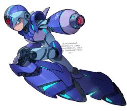 Rule 34 | 1boy, adapted costume, android, arm cannon, armor, blue armor, blue boots, blue headwear, boots, forehead jewel, glowing, green eyes, helmet, highres, mega man (series), mega man x (series), neon trim, shoulder armor, simple background, solo, tanaka (is2 p), thrusters, watermark, weapon, white background, x (mega man)
