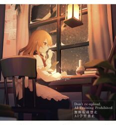 1girl apron back_bow black_skirt blonde_hair blurry book bow chair closed_mouth commentary depth_of_field flask highres indoors kirisame_marisa lantern long_hair long_sleeves no_headwear oito_(bowstringsmall) on_chair red_eyes round-bottom_flask sitting skirt solo touhou twitter_username waist_apron watermark white_apron white_bow window writing