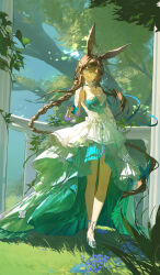 1girl :d absurdly_long_hair absurdres ambience_synesthesia amiya_(ambience_synesthesia_2025)_(arknights) amiya_(arknights) animal_ears anklet aqua_dress arknights blue_eyes brown_hair bug butterfly chinese_commentary choker commentary crown dress flower french_braided_ponytail full_body grass high_heels highres infection_monitor_(arknights) insect jewelry layered_dress long_hair multiple_rings neck_ring open_mouth rabbit_ears ring sidelocks smile solo tree very_long_hair white_choker white_dress yige_lianxi_hao