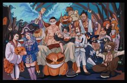 3girls 6+boys ^_^ alternate_form bandana black_border black_hair blonde_hair blue_wings boots border chest_tattoo chinese_commentary closed_eyes coat coat_on_shoulders commentary_request dreadlocks edward_newgate epaulettes facial_hair haruta_(one_piece) hat highres holding holding_pumpkin izou_(one_piece) japanese_clothes jozu_(one_piece) kimono marco_(one_piece) multiple_boys multiple_girls mustache nurse one_piece pirate_hat portgas_d._ace pumpkin rakuyou_(one_piece) red_sash sash scar scar_on_chest shiyuzai short_hair sitting smile speed_jiru tattoo thatch_(one_piece) thighhighs vista_(one_piece) whitey_bay wings