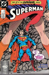 1boy 1girl alien between_legs black_hair boots cape comic dc_comics front_cover legs looking_at_another lower_body supergirl superman superman_(series) surprised view_between_legs
