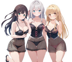 3girls absurdres alina_clover alisa_mikhailovna_kujou babydoll black_corset black_hair black_panties black_ribbon blonde_hair blue_eyes blush breasts closed_mouth commentary commission corset crossover green_eyes guild_no_uketsukejou_desu_ga_zangyou_wa_iya_nanode_boss_wo_solo_toubatsu_shiyou_to_omoimasu hair_ribbon highres hoshimi_tooni long_hair looking_at_viewer medium_breasts multiple_girls otonari_no_tenshi-sama_ni_itsu_no_mani_ka_dame_ningen_ni_sarete_ita_ken panties panties_visible_through_clothes pink_panties pink_ribbon pixiv_commission ribbon see-through_clothes shiina_mahiru_(otonari_no_tenshi-sama) side-tie_panties simple_background smile thighs tokidoki_bosotto_roshia-go_de_dereru_tonari_no_alya-san underwear white_background white_hair yellow_eyes