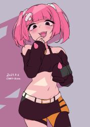 1girl bare_shoulders belt black_eyes blush commentary_request coral_(pokemon) crop_top fang highres looking_at_viewer mesugaki miniskirt navel nintendo off-shoulder_shirt off_shoulder omo-rom open_mouth pink_hair pokemon pokemon_(anime) pokemon_horizons shirt skirt sleeves_past_fingers sleeves_past_wrists smile solo teeth twintails
