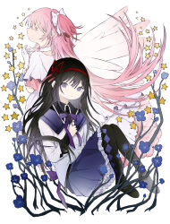 Rule 34 | 2girls, akemi homura, akemi homura (magical girl), angel wings, argyle clothes, argyle footwear, back-to-back, back bow, black boots, black capelet, black hair, blue flower, boots, bow, bowtie, capelet, choker, closed eyes, collared capelet, colored eyelashes, commentary, cropped legs, dress, english commentary, expressionless, eyelashes, feathered wings, floating hair, flower, frilled skirt, frilled sleeves, frills, full body, gloves, hair between eyes, hair bow, hair ribbon, hairband, hand on own chest, highres, kaname madoka, knees up, layered sleeves, long dress, long hair, long sleeves, looking at viewer, magical girl, mahou shoujo madoka magica, mahou shoujo madoka magica (anime), miniskirt, multiple girls, no mouth, parted lips, pink hair, pink wings, pleated skirt, pleated sleeves, pointy nose, purple bow, purple bowtie, purple capelet, purple eyes, purple skirt, red hairband, red ribbon, ribbon, short dress, short sleeves, sidelocks, simple background, sitting, skirt, skirt under dress, star (symbol), thigh boots, two-tone capelet, two side up, ultimate madoka, very long hair, white background, white bow, white choker, white dress, white gloves, winbow, wings