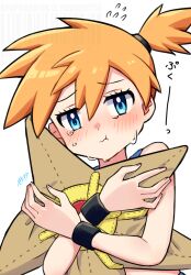 1girl :t amakusa_setoka blue_eyes blue_shirt blush character_doll closed_mouth commentary_request creatures_(company) crying doll eyelashes flying_sweatdrops game_freak gen_1_pokemon hair_between_eyes highres holding holding_doll looking_at_viewer misty_(pokemon) nintendo orange_hair pokemon pokemon_frlg shirt side_ponytail sleeveless sleeveless_shirt solo staryu stitches tears upper_body white_background