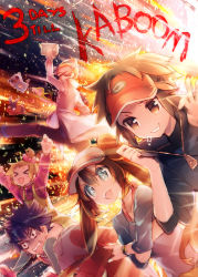 Rule 34 | &gt; &lt;, 2girls, 3boys, \n/, bad id, bad pixiv id, blue eyes, blue hair, brown eyes, brown hair, carrying, closed eyes, colress (pokemon), double bun, english text, explosion, gen 5 pokemon, grin, hair bun, hugh&#039;s sister (pokemon), hugh (pokemon), jacket, multicolored hair, multiple boys, multiple girls, namie-kun, nate (pokemon), nintendo, oshawott, parody, pokemon, pokemon (creature), pokemon bw2, raglan sleeves, rosa (pokemon), shoulder carry, smile, snivy, spiked hair, star (symbol), starter pokemon trio, sunglasses, surprised, tepig, twintails, visor cap