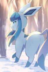 bare_tree blue_eyes bright_pupils closed_mouth day gen_4_pokemon glaceon highres looking_back nintendo no_humans outdoors pokemon pokemon_(creature) pokemon_focus rumine_(yoshi1234567) smile snow solo standing tree white_pupils