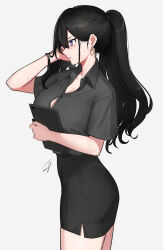 Rule 34 | 1girl, black hair, black skirt, blush, breasts, cleavage, collared shirt, earrings, grey shirt, hayabusa (vert 320), highres, jewelry, large breasts, long hair, office lady, original, pencil skirt, ponytail, purple eyes, shirt, skirt, solo, thighs