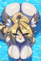 1girl animal_ear_fluff animal_ears ass bikini blonde_hair breasts curvy green_eyes highres huge_ass in_water lyorenth no_mask pulchra_fellini shy solo swimsuit tail thick_thighs thighs yellow_fur