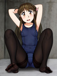 Rule 34 | 1girl, arms behind head, black pantyhose, blue one-piece swimsuit, braid, breasts, brown eyes, brown hair, commentary request, covered navel, half up braid, highres, katsuragi ayane, long hair, looking at viewer, neopure, old school swimsuit, one-piece swimsuit, pantyhose, pantyhose under swimsuit, school swimsuit, sitting, small breasts, solo, swimsuit, thighband pantyhose, true love story