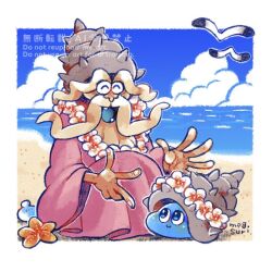 1boy 1other aqua_tongue beach beard bird blonde_facial_hair blonde_hair blue_sky border character_request cloud commentary_request day dragon_quest facial_hair flower flower_necklace head_wreath hibiscus jewelry lei marine_slime megsuri necklace ocean old old_man open_mouth outdoors pink_robe robe sand seagull shell sky smile squatting starfish white_border