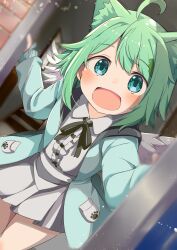 Rule 34 | 1girl, absurdres, ahoge, angel wings, animal ear fluff, animal ears, aqua eyes, blue eyes, blurry, blush, cat ears, commission, doorway, green hair, highres, hood, jacket, looking at viewer, open door, open mouth, opening door, pov doorway, shiro9jira, short hair, skeb commission, skirt, smile, solo, vrchat, white skirt, wings