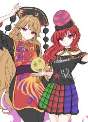 2girls absurdres black_choker black_dress black_shirt blonde_hair breasts chain choker cleavage closed_mouth clothes_writing commentary cowboy_shot dalachi_(headdress) dress earth_(ornament) fingernails gold_chain green_skirt hand_on_headwear hecatia_lapislazuli highres junko_(touhou) kashiwada_kiiho long_fingernails long_hair looking_at_viewer moon_(ornament) multicolored_skirt multiple_girls off-shoulder_shirt off_shoulder purple_skirt red_eyes red_hair red_nails red_skirt red_tabard shirt short_sleeves skirt smile symbol-only_commentary t-shirt tabard touhou underworld_(ornament) very_long_hair white_background