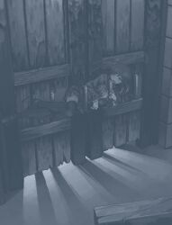 1girl black_thighhighs gate hamsterfragment indoors long_hair long_sleeves lying monochrome no_nose on_side one_eye_closed open_mouth original pixel_art pleated_skirt shoes skirt solo suicidal_girl_(hamsterfragment) thighhighs wooden_door