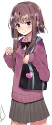 1girl 1up alternate_costume asuzemu bad_id bad_twitter_id bag black_bow black_bowtie blunt_bangs bow bowtie brown_hair contemporary cowboy_shot female_focus grey_skirt heart highres long_sleeves looking_at_viewer nishida_satono no_headwear pink_eyes pleated_skirt purple_sweater satchel shirt short_hair short_hair_with_long_locks simple_background skirt smile solo sweater touhou white_background white_shirt