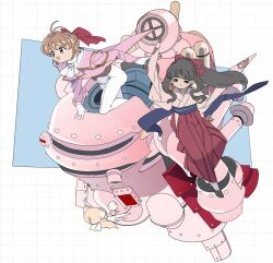 Rule 34 | 2girls, ahoge, ascot, belt, belt buckle, black hair, black shoes, blue eyes, blue sash, bow, brown belt, brown gloves, brown hair, buckle, cardcaptor sakura, coattails, commentary, cosplay, crossover, daidouji tomoyo, edoya inuhachi, fingerless gloves, frilled ascot, frills, full body, gloves, green eyes, grid background, hair bow, hakama, hakama skirt, half updo, highres, jacket, japanese clothes, kero (cardcaptor sakura), kimono, kinomoto sakura, koubu, long hair, looking ahead, mecha, multiple girls, obi, open mouth, pants, pink jacket, pink kimono, ponytail, red bow, red skirt, robot, sakura taisen, sash, shinguuji sakura, shinguuji sakura (cosplay), shoes, short hair, sitting, skirt, smile, socks, standing, tight clothes, tight pants, white ascot, white background, white gloves, white pants, white socks, white wings, wings