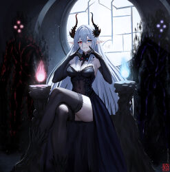 1girl 2others asymmetrical_horns black_dress black_thighhighs blue_eyes breasts covered_navel crossed_legs demon_girl detached_collar dress earrings elbow_gloves fangs gloves hair_between_eyes haruyuki_(karem) heterochromia highres horns jewelry long_hair looking_at_viewer medium_breasts mismatched_horns mole mole_under_eye multiple_others orb original pale_skin pointy_ears red_eyes sitting smile solo thighhighs very_long_hair