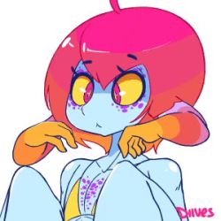 1girl animated animated_gif artist_name bare_shoulders bikini bikini_top_only blue_skin borrowed_character closed_eyes collarbone colored_skin cteno_(slugbox) diives extra_arms female_focus flat_chest freckles gradient_hair lowres monster_girl multicolored_hair no_humans open_mouth orange_hair purple_hair short_hair signature simple_background sleepy solo swimsuit text_focus tongue white_background yawning yellow_bikini zzz