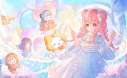 4girls ^_^ absurdres ahoge animal anmoliangzi balloon bare_shoulders black_bow blue_bow blue_dress blue_eyes blue_hanfu blue_sky blunt_bangs bobo_(miracle_nikki) bow bowtie braid brown_eyes brown_hair candle cat cherry_blossoms chibi chinese_clothes chinese_commentary choker cloak closed_eyes closed_mouth clothed_animal collarbone commentary_request cowboy_shot day dot_nose double_bun dress dress_bow ear_covers eyelashes fire fireworks flower flower_choker frilled_dress frills gifty_(nikki) grey_eyes grey_hair hair_bow hair_bun hair_flower hair_ornament hairclip hairpin hanfu happy heart heart_balloon highres holding holding_candle holding_fireworks holding_heart hood hood_up hooded_cloak kimi_(miracle_nikki) lace-trimmed_sleeves lace_trim layered_dress light_blush light_particles lips long_hair long_sleeves looking_at_animal loose_hair_strand lotus lunar_(miracle_nikki) medium_dress miracle_nikki momo_(nikki) multiple_girls multiple_hair_bows navel nikki_(nikki) nikki_(series) off-shoulder_dress off_shoulder open_mouth orange_dress outdoors petals pink_flower pink_hair pink_lips pleated_dress ponytail purple_hair red_bow red_bowtie red_flower sidelocks sky sleeve_bow smile solid_oval_eyes sparkler square_neckline striped_clothes striped_dress tareme twin_braids very_long_hair waist_bow whiskers white_bow white_cat white_dress white_flower wide_sleeves yellow_cloak
