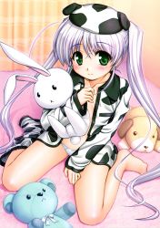 1girl :&lt; absurdres bad_id bad_yandere_id bed bekkankou dress_shirt female_focus fortune_arterial hat highres long_sleeves no_bra open_clothes open_shirt pajamas panties purple_hair shirt sitting solo stuffed_animal stuffed_dog stuffed_rabbit stuffed_toy teddy_bear tougi_shiro twintails underwear wariza white_panties