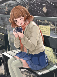 Rule 34 | 1girl, ;d, ahoge, bench, blue skirt, blush, breasts, brown hair, camera, down jacket, feet out of frame, fence, gakuen idolmaster, hanami ume, hatsuboshi gakuen school uniform, holding, holding camera, idolmaster, jacket, looking at viewer, on bench, one eye closed, open clothes, open jacket, open mouth, outdoors, plaid clothes, plaid scarf, pleated skirt, red scarf, scarf, school uniform, shimkarom, sitting, skirt, smile, solo, teeth, thighhighs, thighs, tongue, upper teeth only, white jacket, white thighhighs