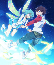 1boy 1girl aqua_hair boots brown_hair butterfly_wings choker dress eureka_(eureka_seven) eureka_seven eureka_seven_(series) hetero holding_hands insect_wings kuroemon open_mouth purple_eyes renton_thurston smile thigh_strap wings