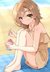 1girl alternate_costume bare_arms bare_legs bare_shoulders barefoot beach blanket blush brown_hair brown_one-piece_swimsuit closed_mouth commentary_request criss-cross_halter cup day food from_side green_eyes hair_intakes hair_ornament hair_scrunchie halterneck highres holding holding_cup knees_up long_hair looking_at_viewer mikuni_sairi one-piece_swimsuit outdoors scrunchie sesen2000 shaved_ice smile solo split_mouth sunlight swimsuit tenshi_souzou_re-boot! thick_eyebrows toes tsurime