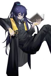 1boy black_eyes black_pants blue_eyes blue_hair book calasile cape cassock collared_coat collared_shirt crossed_legs dieci_association_south_uniform dieci_librarian_(project_moon) feet_out_of_frame hair_ornament hair_tie hand_tattoo heterochromia high_ponytail highres holding holding_book holding_key holding_weapon hong_lu_(project_moon) invisible_chair key limbus_company long_hair long_sleeves male_focus pants ponytail project_moon scarf shirt sitting solo tattoo watermark weapon white_background white_shirt yellow_scarf