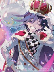 Rule 34 | 1boy, arm belt, balloon, blush, buttons, cape, checkered clothes, checkered scarf, commentary, comuplenty, crown, danganronpa (series), danganronpa v3: killing harmony, flipped hair, flower, fur-trimmed cape, fur trim, grin, hair between eyes, hand on own hip, highres, long sleeves, looking at viewer, male focus, medium hair, multicolored buttons, oma kokichi, one eye closed, purple eyes, purple hair, red cape, ringed eyes, royal robe, scarf, simple background, smile, solo, teeth, twitter username, two-tone scarf, upper body, watermark