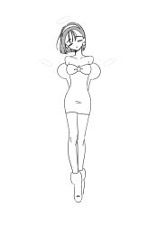 1girl alien_stage arms_behind_back bare_shoulders bob_cut boots bow chest_bow closed_eyes closed_mouth commentary dress dress_bow earrings full_body greyscale hairband halo head_tilt highres jewelry juliet_sleeves long_sleeves mini_wings monochrome off-shoulder_dress off_shoulder oracc_liu puffy_sleeves short_hair smile solo sphere_earrings sua_(alien_stage) wings