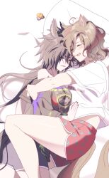 2girls :d ^_^ ahoge air_shakur_(umamusume) animal_ears arm_around_back bare_shoulders black_hair black_nails black_tail blush brown_hair brown_tail closed_eyes commentary dolphin_shorts eyebrow_piercing face_piercing fang heads_together highres horse_ears horse_girl horse_tail hug long_hair lying messy_sleeper multiple_girls on_bed on_side open_mouth oyo_0 piercing pillow print_shirt print_shorts pushing_away red_shorts shared_bed shirt short_sleeves shorts skin_fang sleeping sleeping_together smile spiked_hair straddling t-shirt tail tap_dance_city_(umamusume) umamusume uncomfortable wavy_hair white_shirt yuri