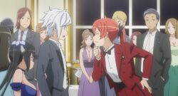 6+boys 6+girls anime_screenshot bell_cranel black_hair black_jacket black_necktie black_pants blue_choker blue_dress blue_eyes breasts choker cleavage dress dungeon_ni_deai_wo_motomeru_no_wa_machigatteiru_darou_ka formal_clothes hair_ribbon hand_on_own_chin hand_on_own_hip hestia_(danmachi) highres jacket large_breasts loki_(danmachi) long_hair multiple_boys multiple_girls necktie open_mouth pants ponytail red_eyes red_hair red_jacket red_pants ribbon short_hair suit twintails white_hair white_necktie