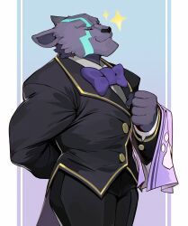 1boy absurdres afk_(series) afk_arena animal_ears arkadios_(afk) arm_behind_back black_coat black_pants bow bowtie butler closed_eyes closed_mouth coat commentary_request furry furry_male highres male_focus okn_369 panther_boy panther_ears pants purple_bow purple_bowtie shirt smile sparkle towel towel_on_arm white_shirt