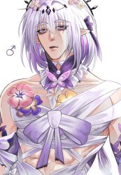 1boy bandages bare_shoulders castorice_(honkai:_star_rail) chest_sarashi colored_inner_hair commentary flower genderswap genderswap_(ftm) hair_flower hair_ornament highres honkai:_star_rail honkai_(series) looking_at_viewer male_focus multicolored_hair mymeow pink_flower pointy_ears purple_hair sarashi short_hair simple_background solo upper_body white_background white_flower white_hair