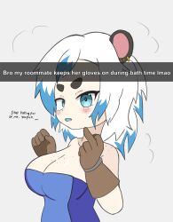 1girl absurdres bear_girl blue_eyes gloves highres indie_virtual_youtuber middle_finger multicolored_hair simplyazura two-tone_hair virtual_youtuber white_hair