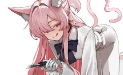 1girl akira_(blue_archive) all_fours animal_ear_fluff animal_ears anyak05 bad_tag black_bow blue_archive blush bow cat_ears cat_girl cat_tail hair_between_eyes half_updo highres holding licking_lips lock long_hair looking_at_viewer pants pink_hair red_eyes shirt shoes solo tail tongue tongue_out white_pants white_shirt white_shoes