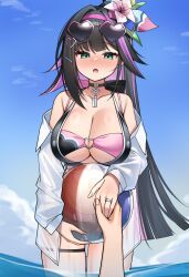 1girl 1other abigail_(black_survival) absurdres ball bare_shoulders beachball bikini black_bikini black_choker black_hair black_survival breasts choker cleavage colored_inner_hair eternal_return:_black_survival eyewear_on_head flower green_eyes hair_flower hair_ornament hairband heart heart-shaped_eyewear heart_o-ring highres jewelry key key_choker large_breasts layered_bikini long_hair looking_at_viewer multicolored_hair o-ring off_shoulder official_alternate_costume open_clothes open_mouth open_shirt pink_bikini ponytail pov pov_hands purple_hair ring second-party_source shirt solo_focus swimsuit thigh_strap very_long_hair wading wedding_ring wet white_shirt ziro_(zirorong)