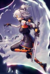 1girl black_gloves gloves goggles grey_hair hair_between_eyes highres holding holding_weapon orange_eyes ponytail s99g short_hair soldier_11_(zenless_zone_zero) sword weapon white_hair zenless_zone_zero