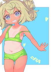 Rule 34 | 1girl, absurdres, ahoge, bikini, blonde hair, blue background, blue eyes, border, collarbone, diamond-shaped pupils, diamond (shape), double bun, flat chest, green bikini, grin, hair bun, highres, navel, one-piece tan, original, parted lips, rosia san, short hair, smile, solo, strap slip, swimsuit, symbol-shaped pupils, tan, tanline, teeth, variant set, white border
